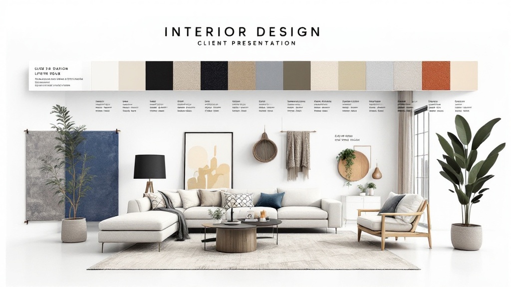 A client-ready interior design presentation board layout with title, palette strip, material samples and a room render