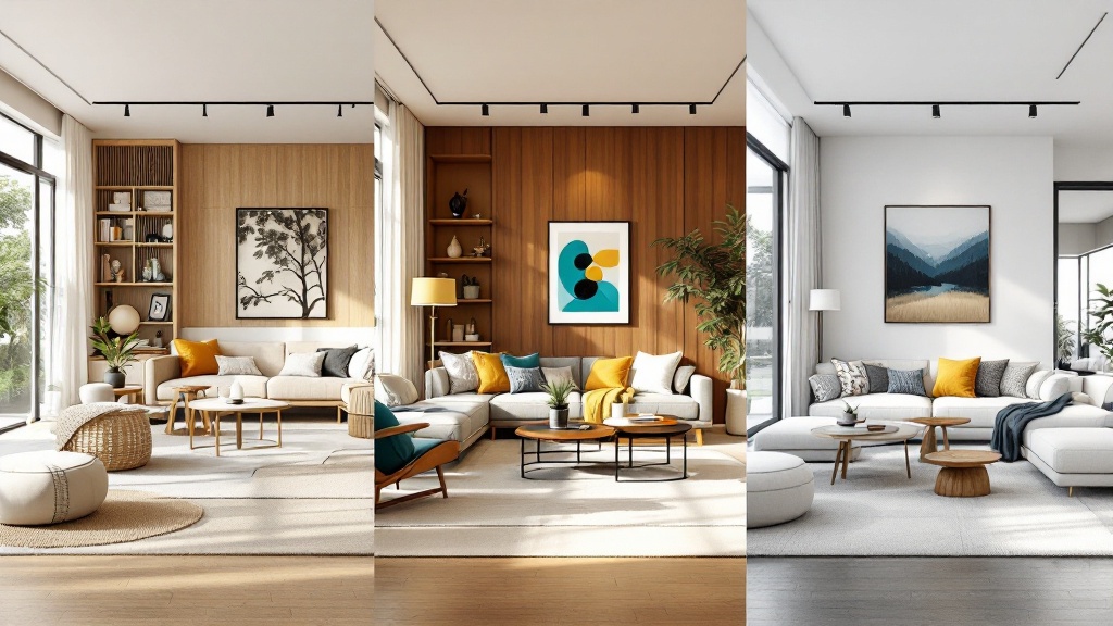 The same living room shown in three different style directions: Japandi, mid-century modern and contemporary
