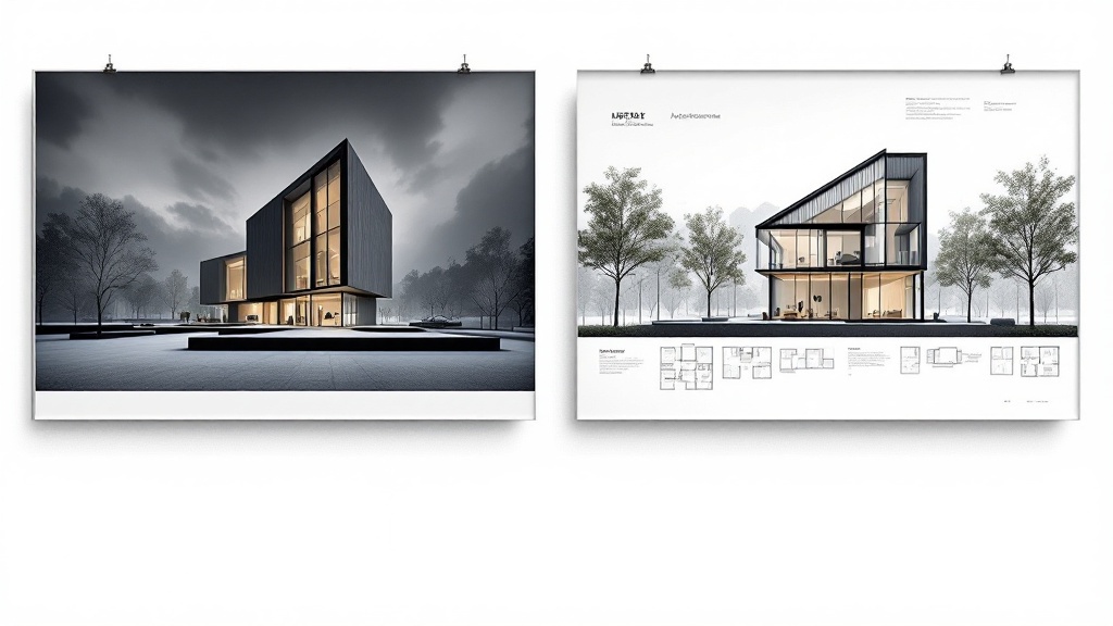 A dramatic competition architecture board next to a clean, practical client presentation board