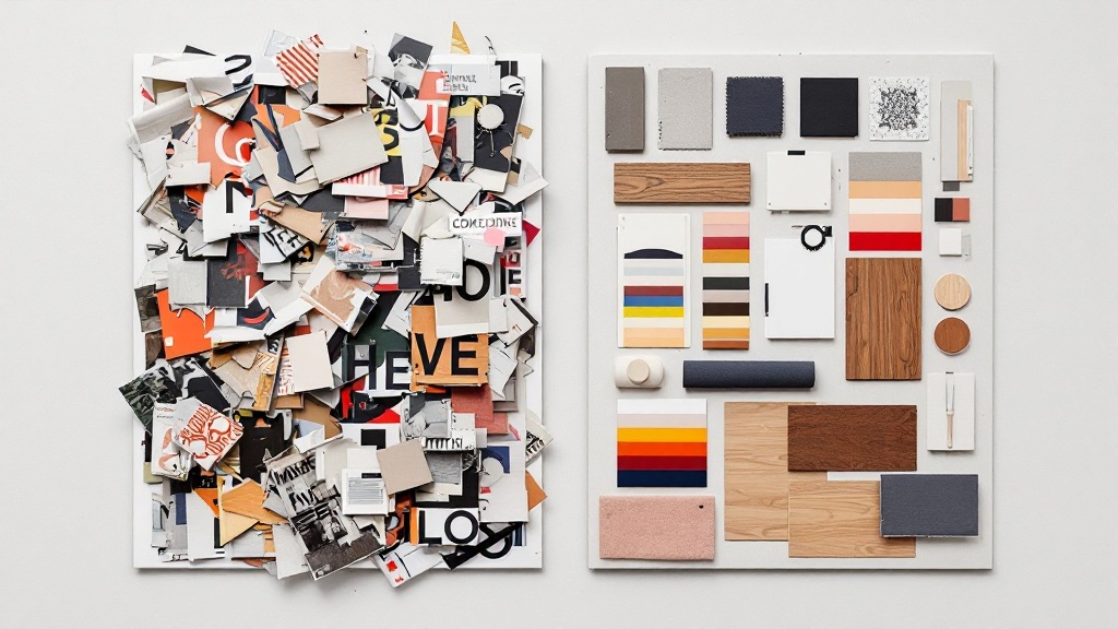 A messy collage mood board next to a clean, curated digital mood board with aligned swatches and material samples