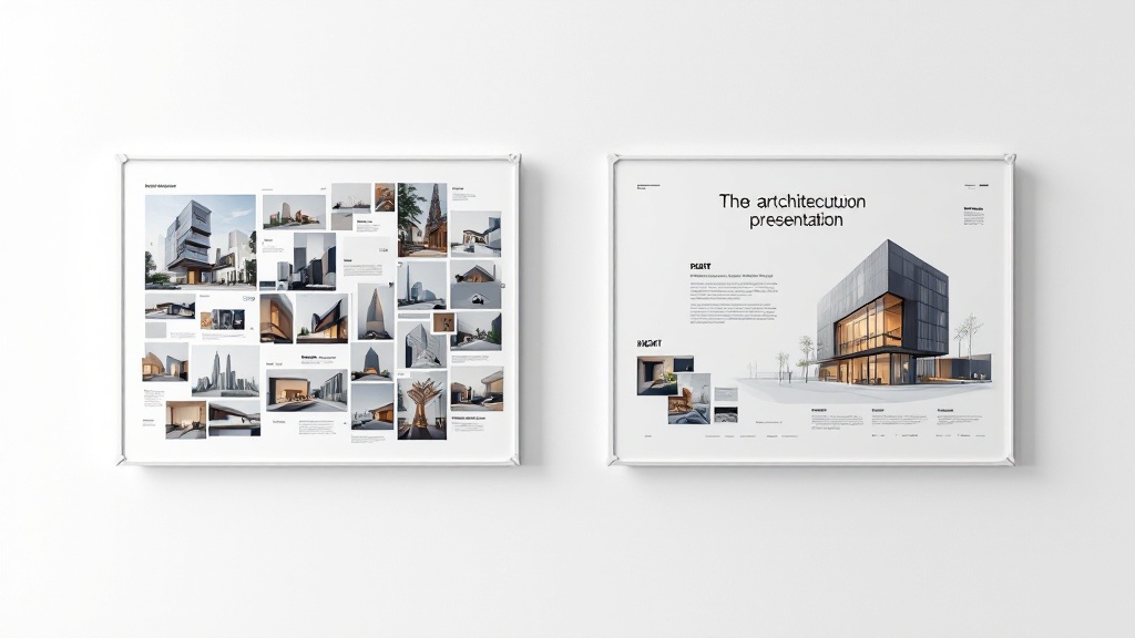 A cluttered architecture presentation board next to one with a clear grid, a dominant hero render and strong hierarchy