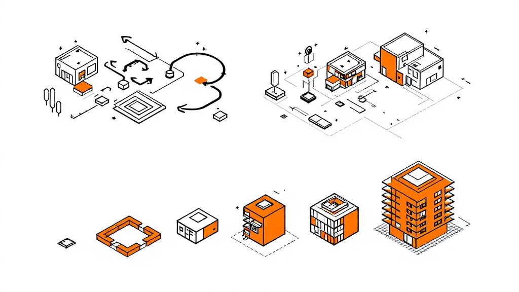 Architecture concept diagrams in a consistent isometric style: site analysis, circulation and massing evolution
